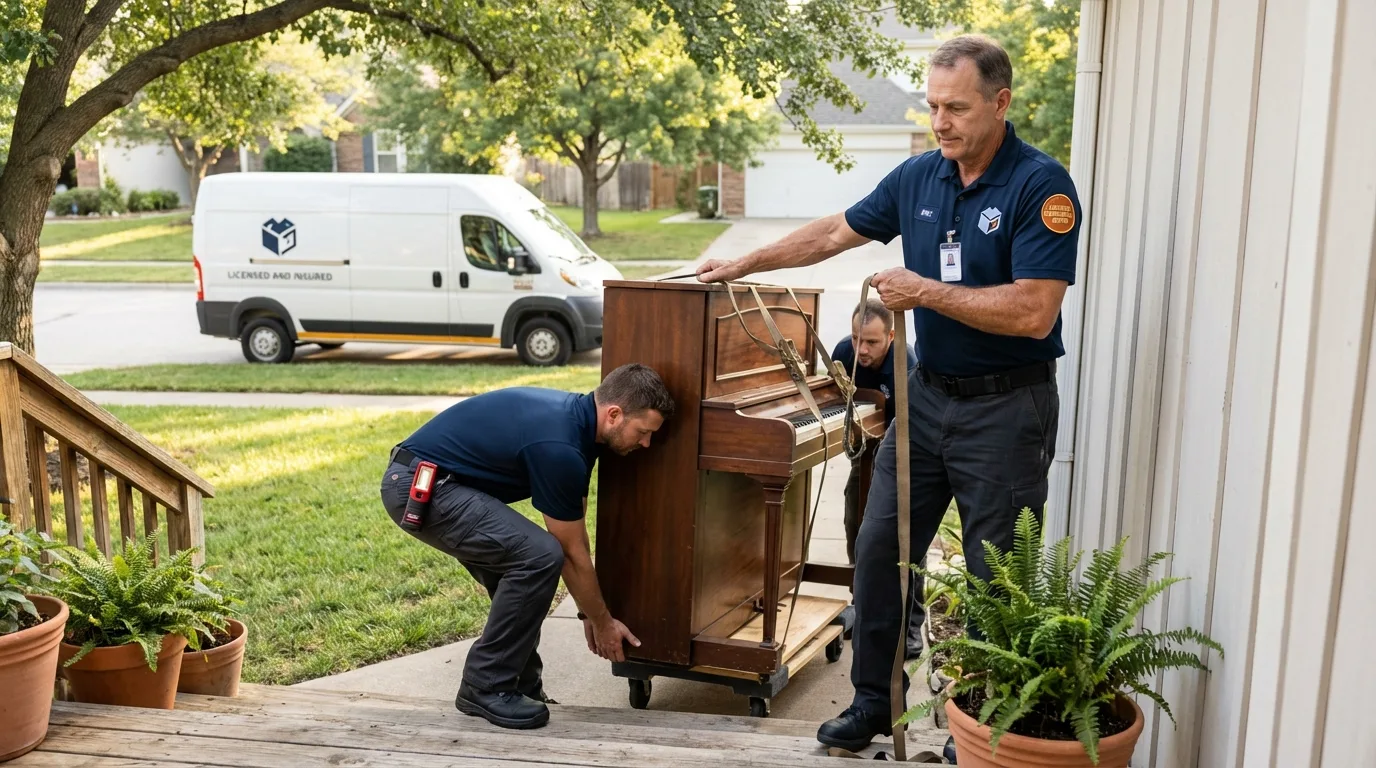 Licensed piano movers securing grand piano in Elk Grove Village, IL