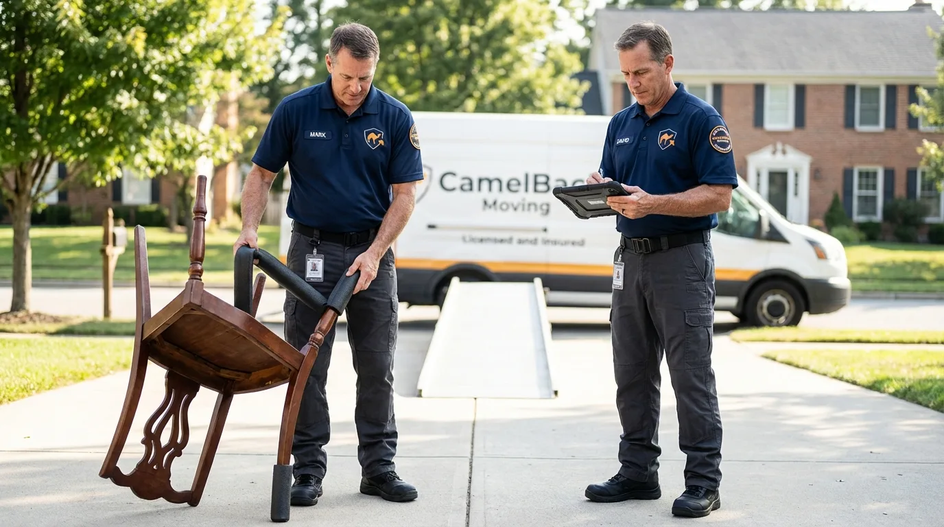 Movers inspecting furniture for damage prevention before loading in Elk Grove Village, IL