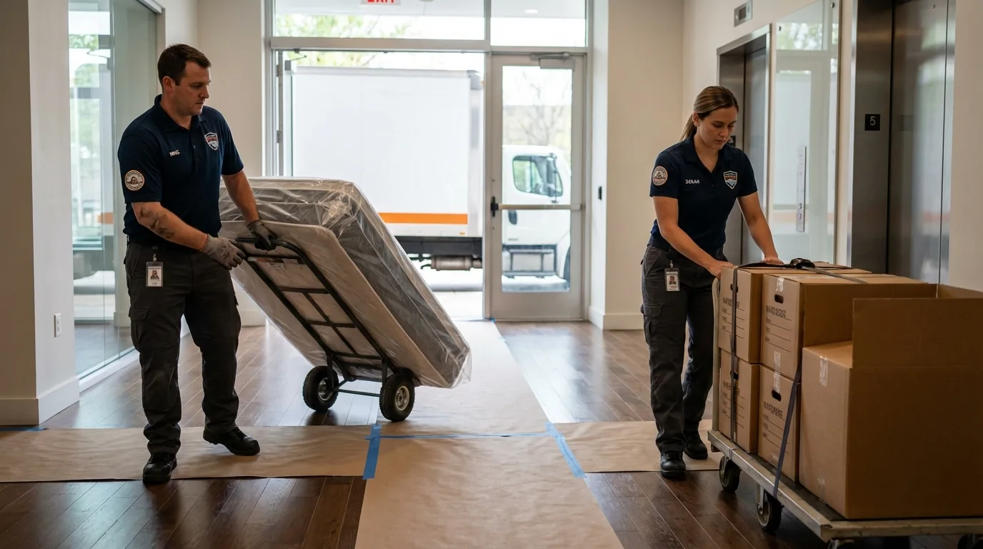 Professional apartment movers loading elevator in Elk Grove Village, IL