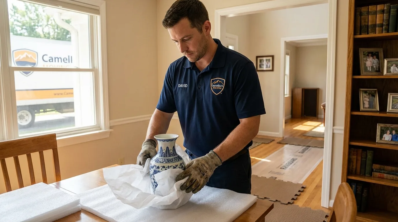 Professional crew carefully wrapping antique vase for senior downsizing move in Elk Grove Village, IL